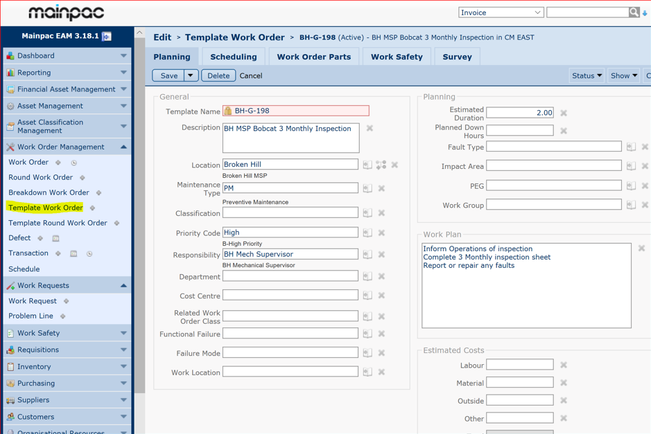 screenshot of Mainpac EAM